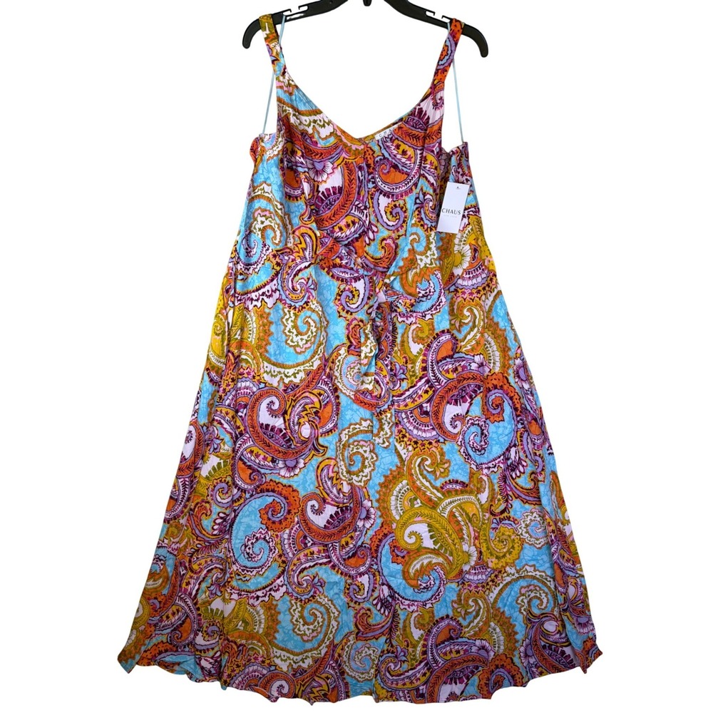 Chaus Paisley Midi Dress Womens 2X Aqua Orange Rayon Sleeveless 920116250 NEW